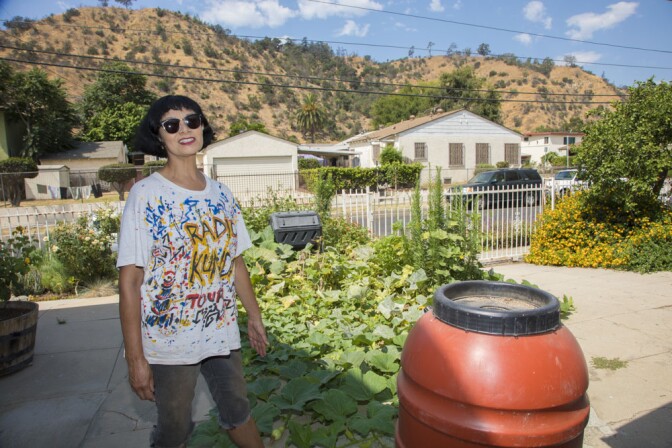 Ruth Gallardo at home in Frogtown with Elysian Park in the background.