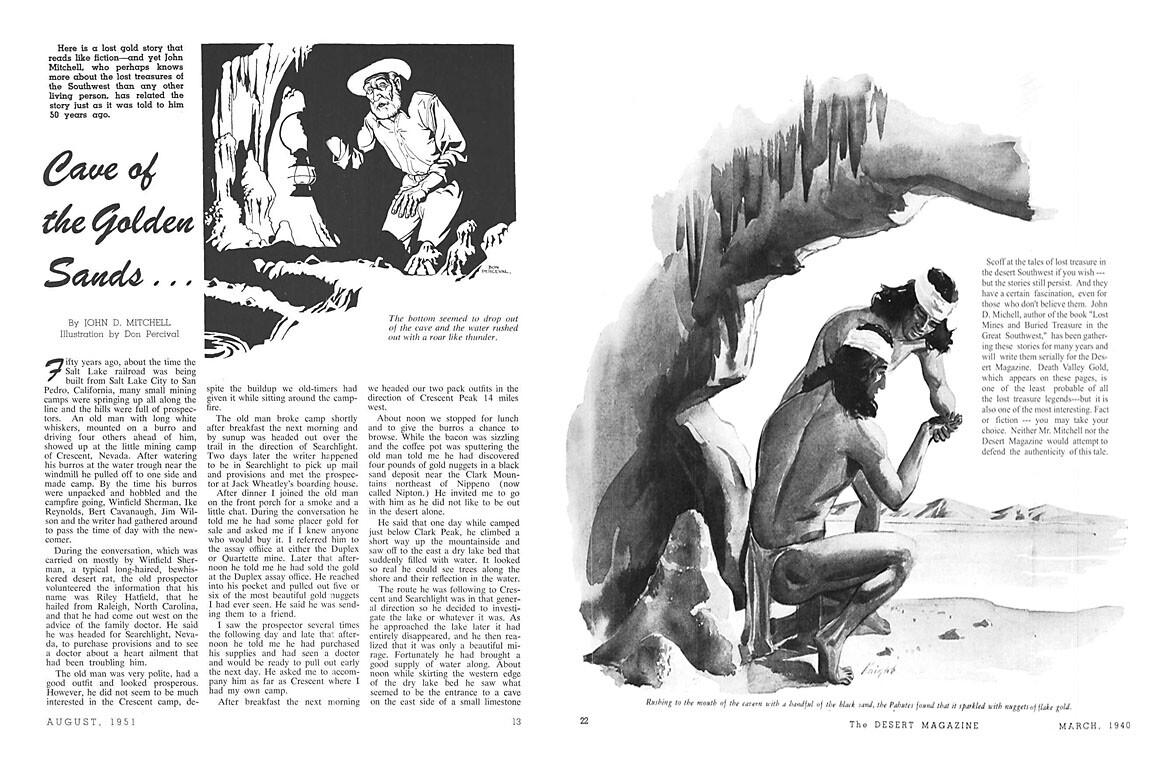 "Cave of the Golden Sands" (left) and "Death Valley Gold" (right) are two of John D. Mitchell's lost mine stories published in Desert Magazine during 1940 and 1951. Each incorporate varying storylines woven into Dorr's legend.