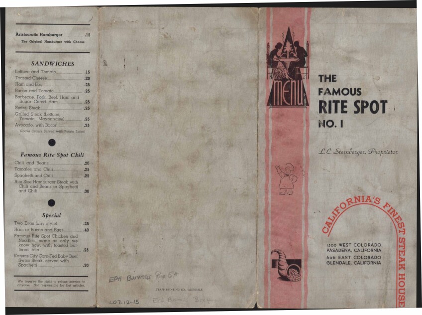 A color scan of an old tri-fold menu from The Famous Rite Spot No. 1, labeled as "California's Finest Steak House" with illustrations of diners, a chef and a cornucopia in black ink along a red strip. On the far left, menu options include sandwiches, chili, specials, and the "Aristocratic Hamburger."