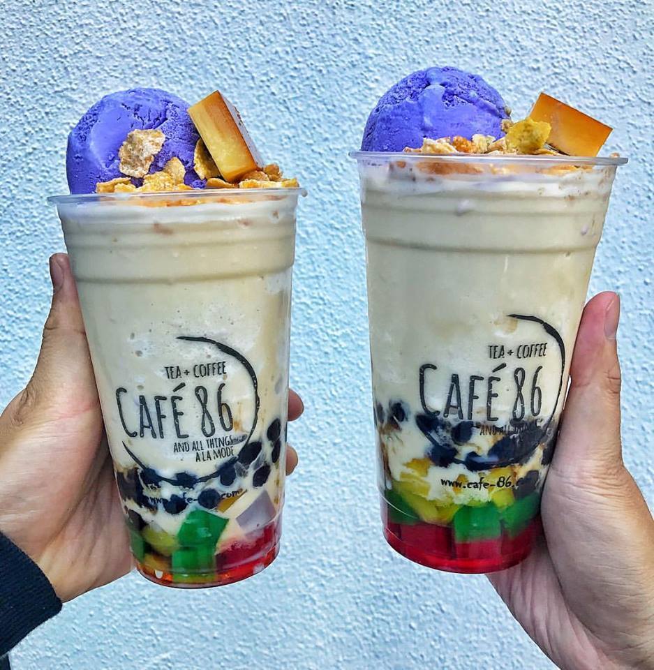 Halo-halo is a Filipino dessert made with shaved ice, evaporated milk mixed with various ingredients including sweet beans, jackfruit and usually topped with ube ice cream. | Courtesy of Cafe 86
