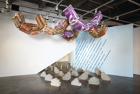 Ball-Nogues Studio, Radiant Body Globs, 2013, Paper pulp, fluorescent bulbs, hardware, Commissioned by Museum of Contemporary Art Santa Barbara for Almost Anything Goes: Architecture and Inclusivity, January 5 - April 13, 2014. | Photo: Wayne McCall