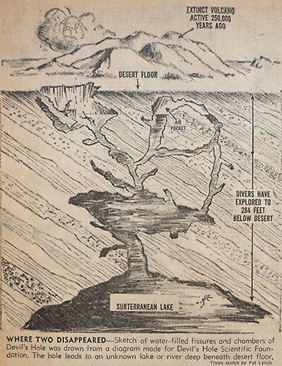 A 1965 newspaper illustration of Devils Hole based on Jim Houtz's original map rendering of the submerged cavern. | Photo: Jim Houtz collection.