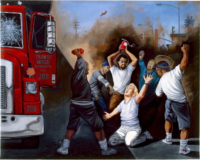 Sandow Birk, "The Bashing of Reginald O. Denny," 1992. Oil on canvas. 36 x 48 inches. Courtesy of the artist.