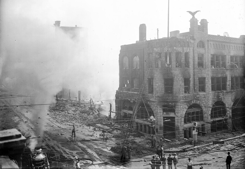 Smoldering ruins of the Los Angeles Times building, 1910