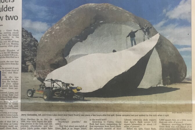 The front page of the Hi-Desert Star two days after Giant Rock cleaved in two on February 21, 2000 | Stacy Moore of Hi-Desert Star