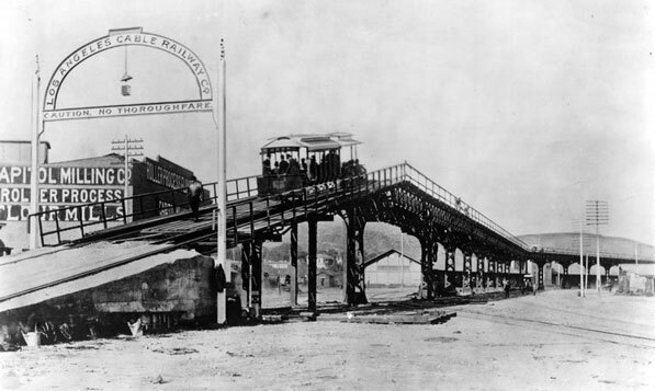 The Los Angeles Cable Railway's Downey Street viaduct between central Los Angeles and East Los Angeles. Courtesy of the Los Angeles Public Library Photograph Collection.