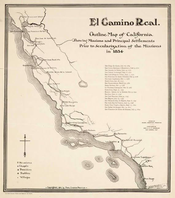 Circa 1903 map of El Camino Real. Courtesy of the Young Research Library Special Collections, UCLA.