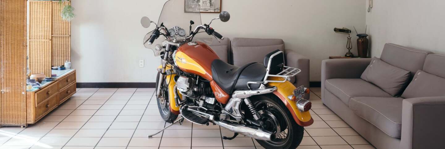 Carmen Argote, "If it were only that easy...," 2018. Moto Guzzi V11 motorcycle in Guadalajara, in the artist's father's house | Courtesy of the artist