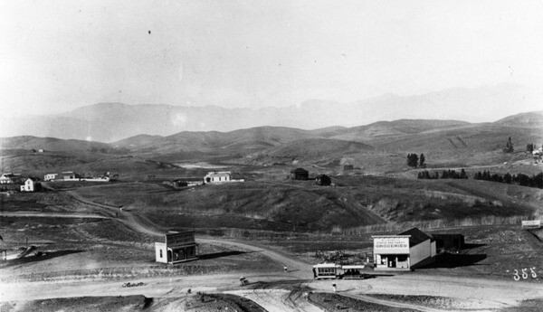 Panoramic view of the Crown Hill neighborhood, ca.1886. A Second Street Cable Railway cable car is visible in the bottom-right. Courtesy of the Security Pacific National Bank Collection, Los Angeles Public Library.