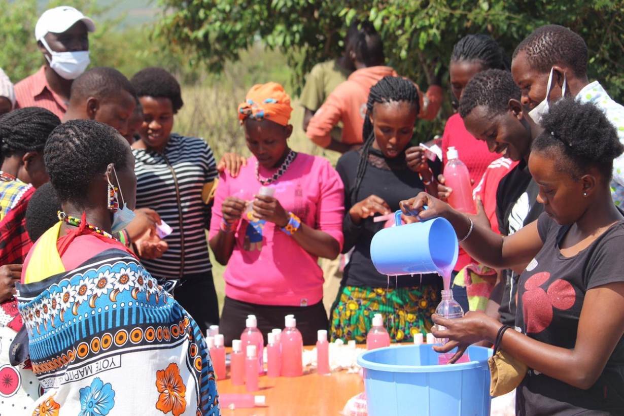 Maasai women learn how to produce hand sanitizers at the Nashulai Maasai Conservancy, located near the Maasai Mara National Reserve in Narok county, Kenya. | PHOTO COURTESY: Nelson Ole Reiyia, Nashulai Maasai Conservancy