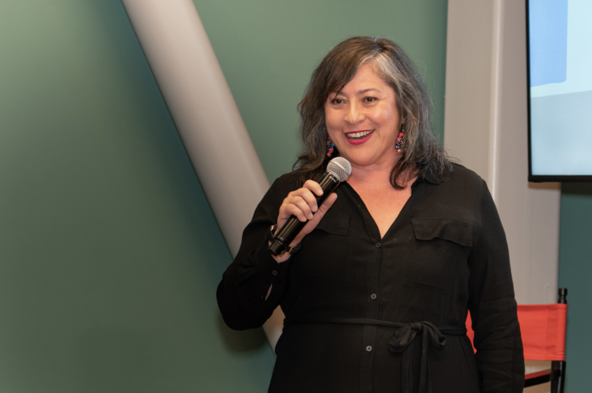 LA Plaza’s Chief Executive Officer Leticia Rhi Buckley thanks guests at LA Plaza de Cultura Y Artes on March 14, 2023. Photo courtesy of PBS SoCal and KCET.