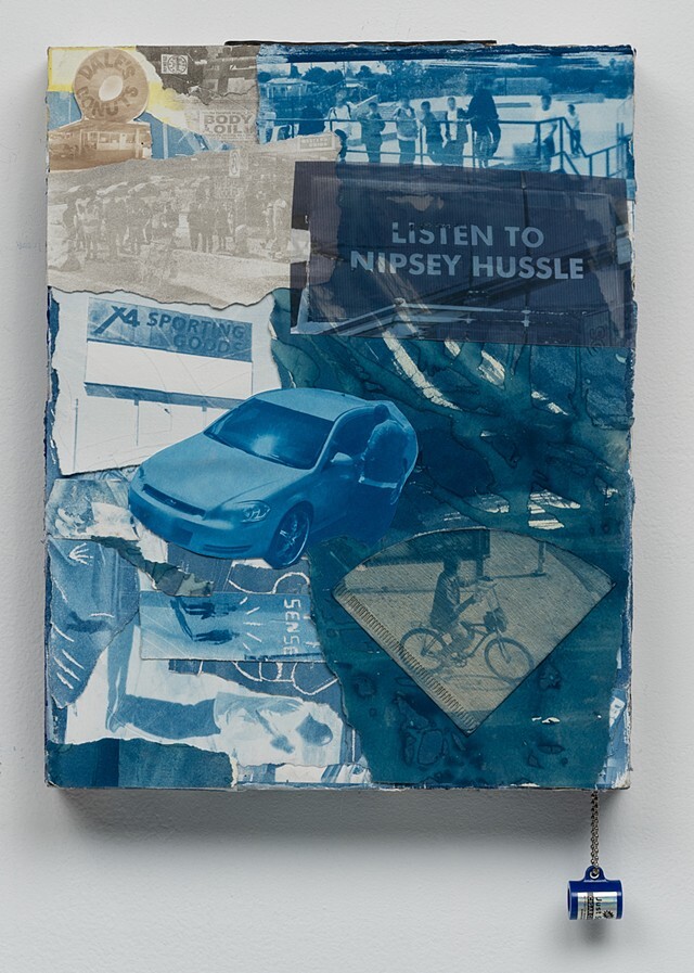 A collage of a car, a sign that says "Listen to Nipsey Hussle" and a man on a bicycle.