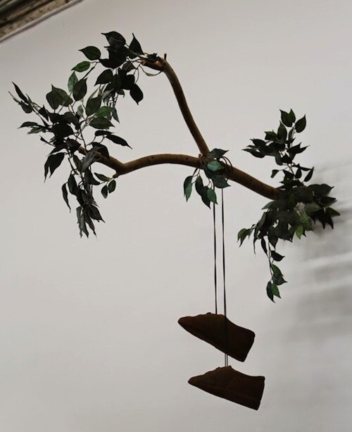 Phyllis Green, "Old Shoes," 2011. Mixed media. 35 in x 18 in x 20 in. Included in the 2014 exhibition "Ghost Appendages" at PØST, curated by Jessica Rath.