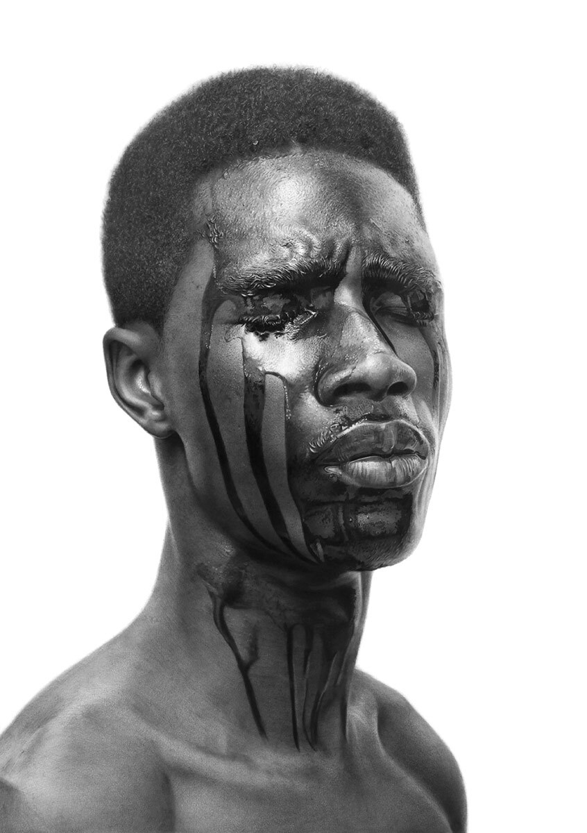 “The Machine Man #6” by Arinze Stanley. Charcoal and graphite on paper, 29.3’’ x 27.5.’’ | Courtesy of Corey Helford Gallery