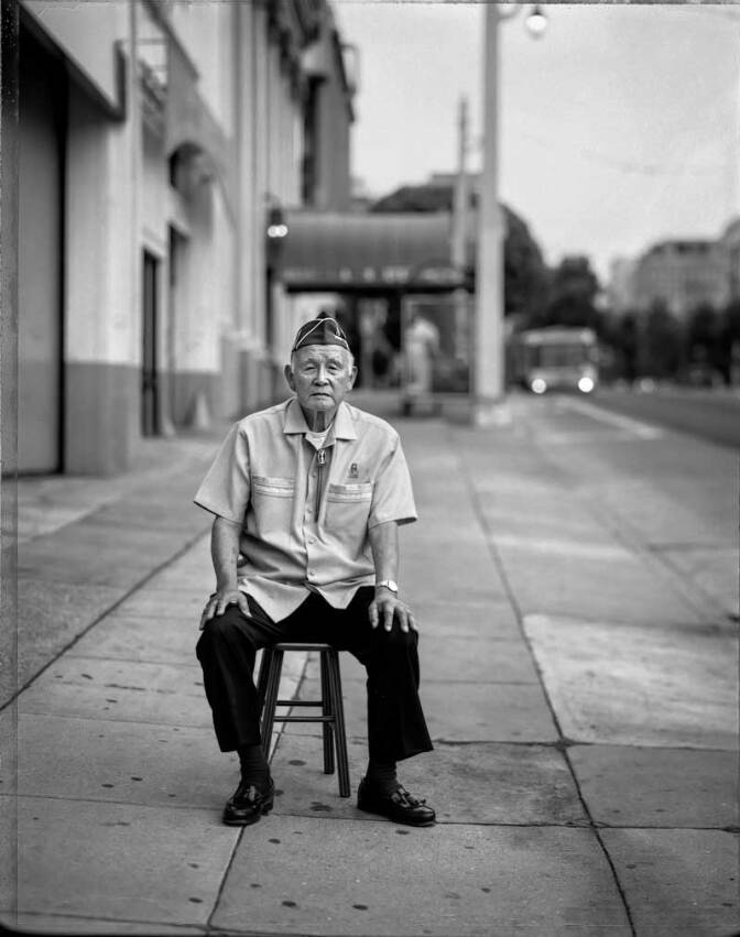 Mitsunobu “Mits” Kojimoto, 85, outside the building on Van Ness Avenue in San Francisco where he waited for a bus to take him to the Santa Anita Assembly Center in 1942. | Paul Kitakagi, Jr.