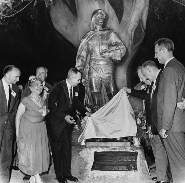 Los Angeles civic leaders celebrate the city's September 4 birthday in 1963 next to a statue of Felipe de Neve, the colonial governor who founded the original pueblo. Courtesy of the Herald-Examiner Collection, Los Angeles Public Library.