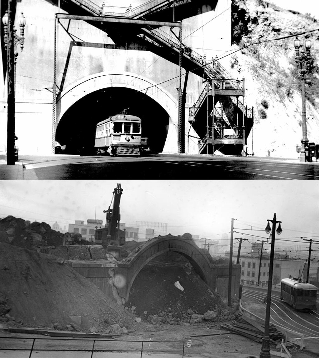 Before much of Fort Moore Hill was hauled away in 1949, the Broadway tunnel provided a shortcut directly through the hill. Top photo courtesy of the Metro Library. Bottom photo courtesy of the Herald-Examiner Collection - Los Angeles Public Library.