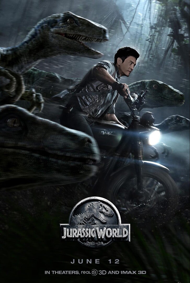 Movie poster with a man on a motorcycle riding next to dinosaurs.