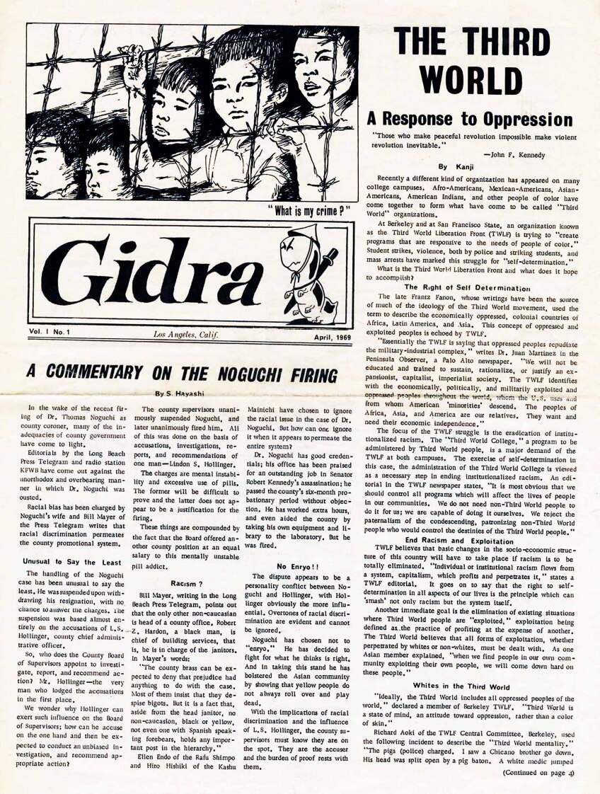 A black and white photo scan of a front page of a newspaper. The masthead reads, "Gidra." Next to it is an illustration of a worm or caterpillar wearing a pointy hat and with a sword strapped on to its back. Above is an illustration of children that appear to be of East Asian or Southeast Asian descent behind barbed wire. The column on the right reads, "The Third World: A Response to Oppression." The column on the left reads, "A Commentary on the Noguchi Firing."