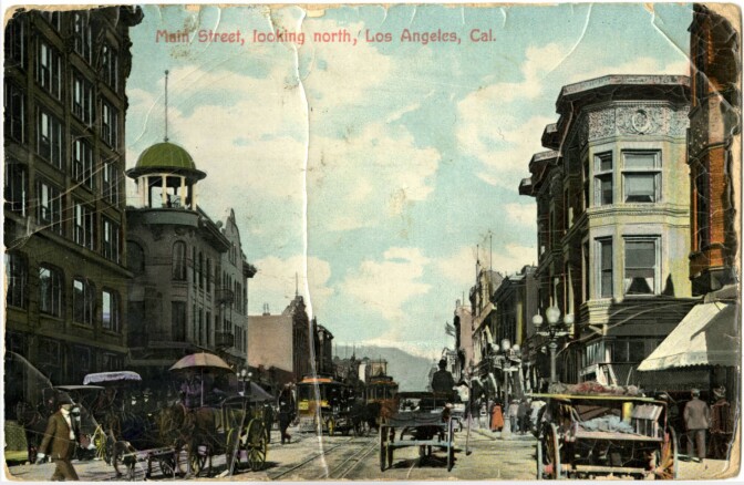 Horse-drawn vehicles dominate this typical early-20th-century L.A. street scene. Courtesy of the Werner von Boltenstern Postcard Collection, Department of Archives and Special Collections, William H. Hannon Library, Loyola Marymount University.