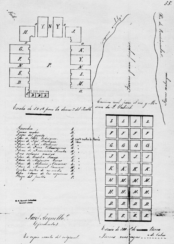 Hand-drawn copy of a 1786 map of Los Angeles by Jose Arguello. Courtesy of the Bancroft Library, UC Berkeley.