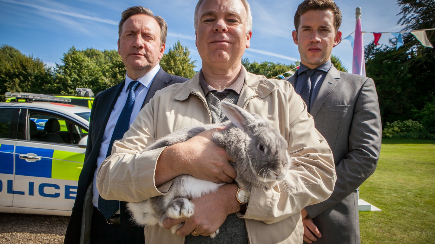 Three men and a rabbit look on.