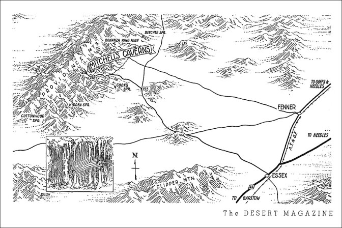 Above: A February 1942 Desert Magazine map showing Mitchell Caverns proximity to Fenner and Essex on historic Route 66—now part of the Mojave Trails National Monument.