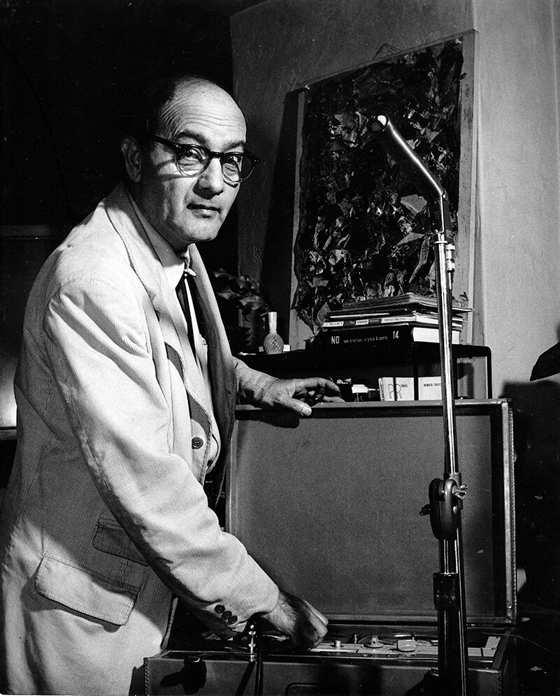 Lawrence Lipton in his home with his ever-at-the-ready reel-to-reel tape recorder. | Lawrence Lipton papers, USC Libraries