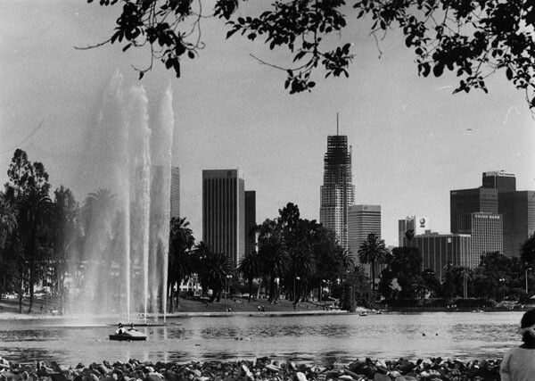 Construction of the U.S. Bank Tower (aka Library Tower), as seen from Echo Park, 1989. Photo courtesy of The Los Angeles Public Library.