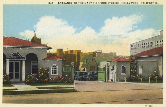Postcard of the entrance to the Pickford studios, circa 1920s, courtesy of the California State Library.