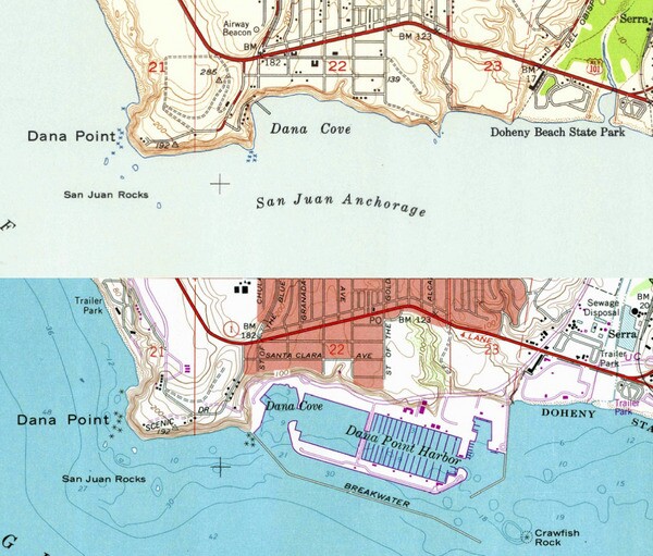 These two USGS topo maps from 1948 and 1975 show how the harbor's construction transformed the coastline.