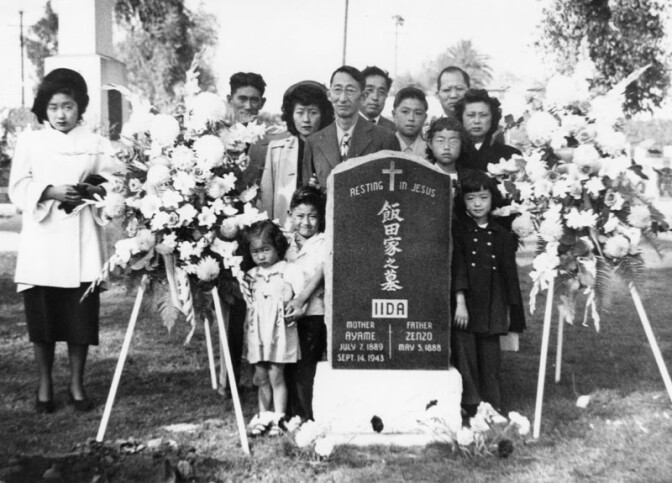 A Japanese-American family pictured in 1949 at Evergreen Cementery, Boyle Heights, Los Angeles. | Los Angeles Public Library