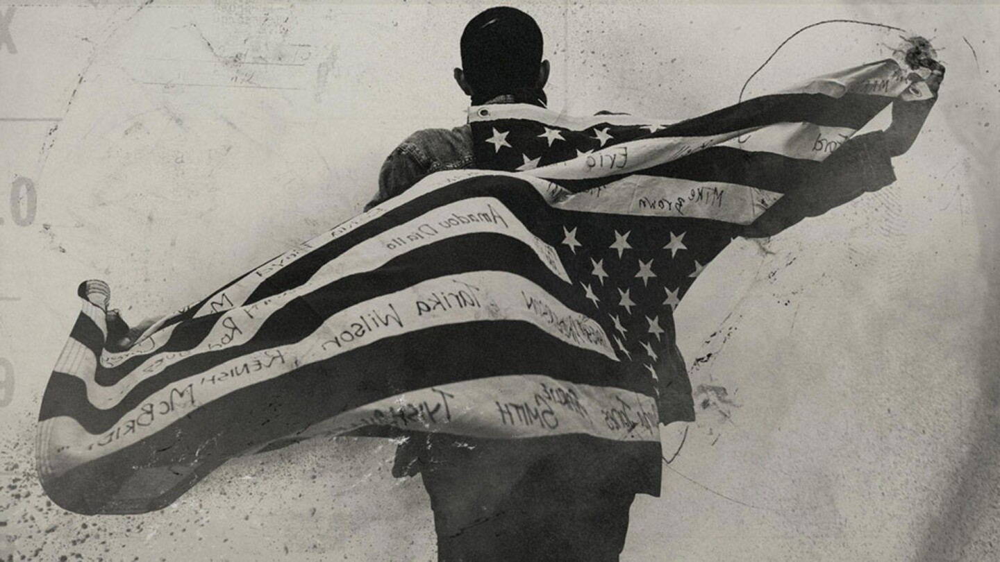 An illustration of a man holding the American flag behind his back. | From "The Talk: Race in America"