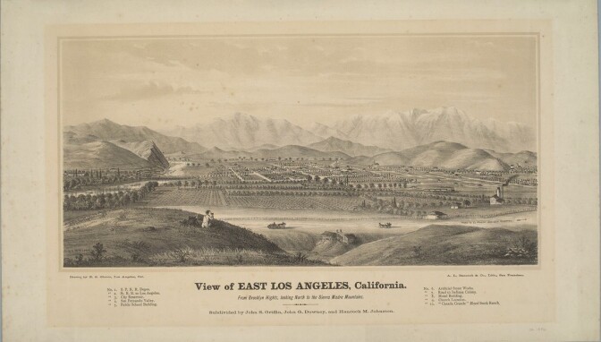 View of East Los Angeles, California, looking north to the Sierra Madre Mountains