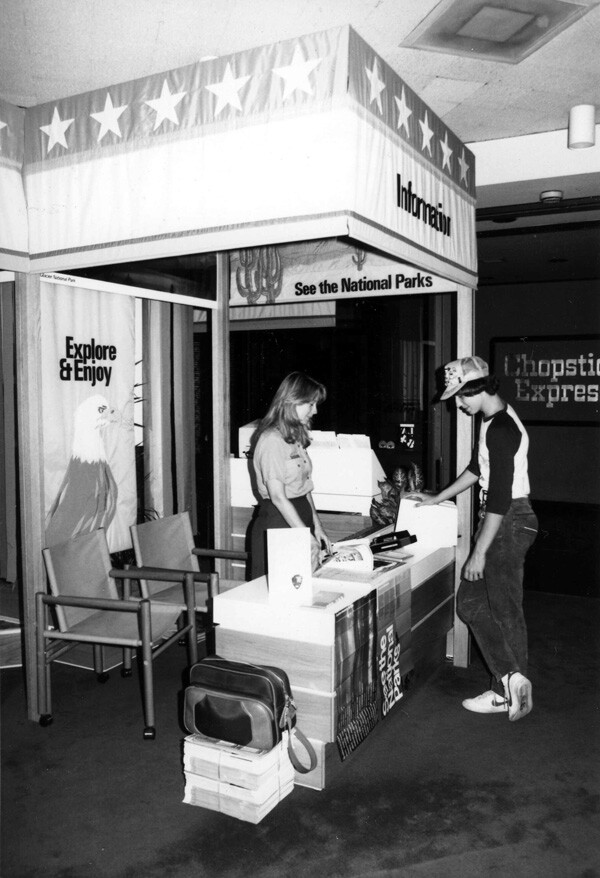 In 1984, the National Park Service staffed information booths at L.A.'s Olympic villages. Courtesy of the Santa Monica Mountains National Recreation Area archives, National Park Service.