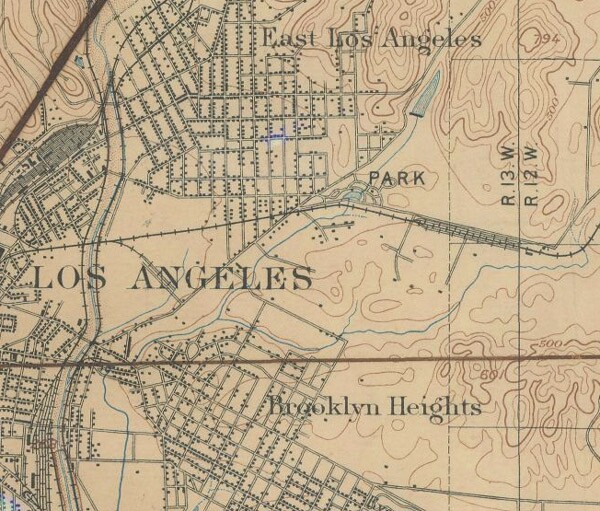 This detail of an 1897 USGS map records the paths of several streams on L.A.'s Eastside, including the Arroyo de las Pasas. Courtesy of the Henry J. Bruman Map Collection, University of California, Los Angeles Library.
