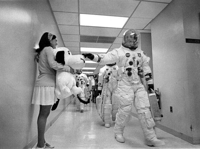 Thomas P. Stafford petting Snoopy. | NASA