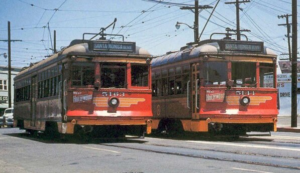 Two streetcars pass at Sunset Junction, circa 1952. Courtesy of the Metro Transportation Library.