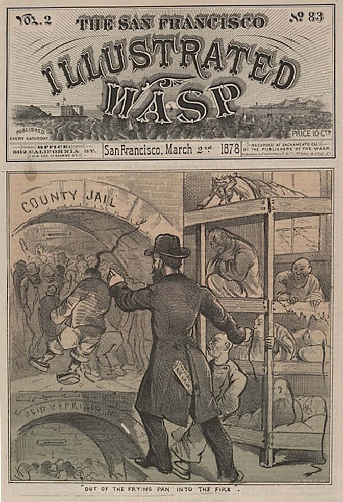 Front cover of The San Francisco Illustrated Wasp from March 2, 1878 illustrating the Cubic Air Law arrests