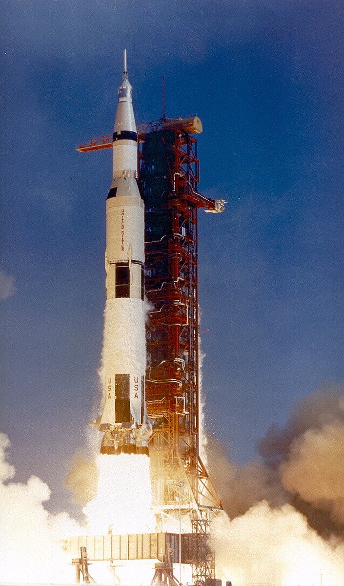 The Saturn V launch vehicle (SA-506) for the Apollo 11 mission liftoff at 8:32 am CDT, July 16, 1969, from launch complex 39A at the Kennedy Space Center. | NASA