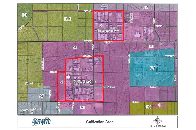 Map showing Adelanto's legal commercial indoor cannabis cultivation zones. Courtesy the City of Adelanto.