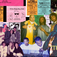 A collage of photos from the 1980s and 90s with flyers in the background.
