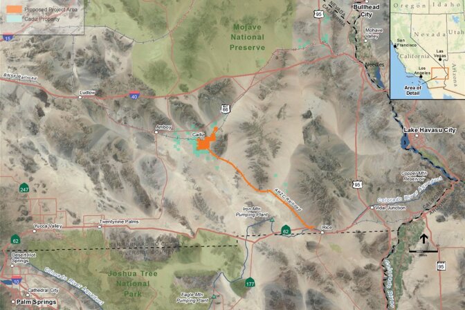A Cadiz Inc. map showing their proposed pipeline from Cadiz to Rice along a railroad right-of-way.