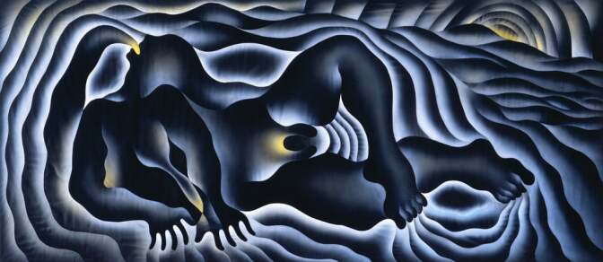Judy Chicago, "The Creation" from the Birth Project, 1984. Modified Aubusson tapestry 42 x 163 inches | Executed by Audrey Cowan Collection of the Museum of Arts and Design, NY; gift of the Robert and Audrey Cowan Family Trust