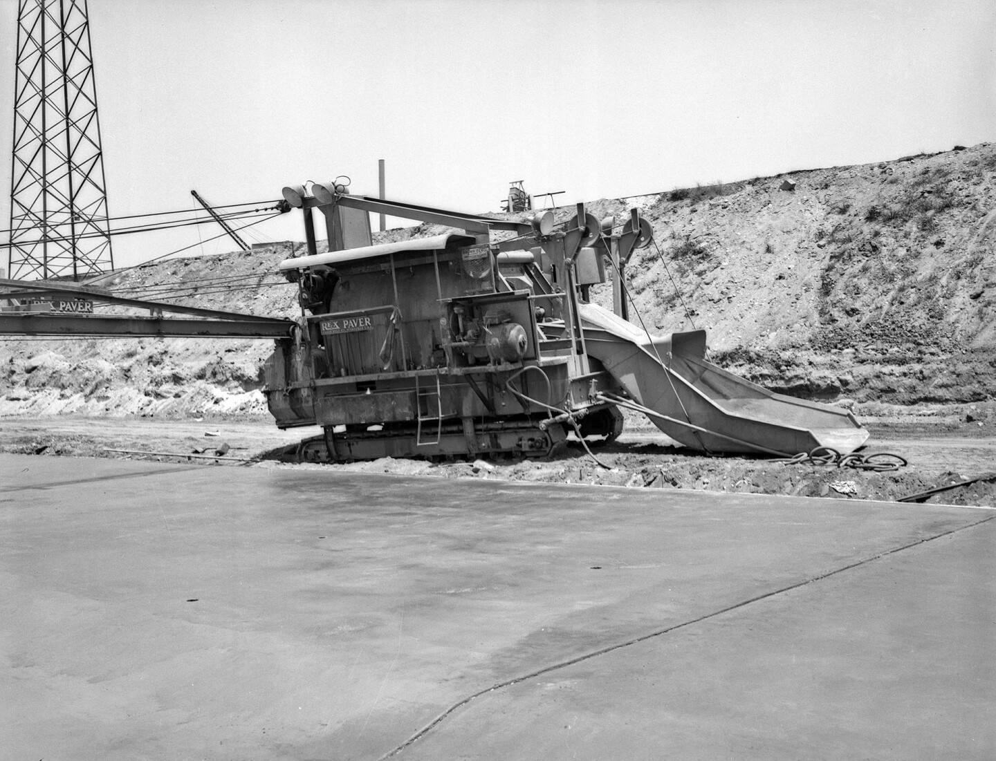 A concrete mixer in the bed of the Los Angeles River, 1940