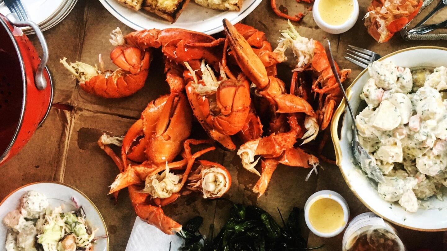 Brightly red-colored lobster surrounded by an assortment of side dishes, like potato salad and sauces.