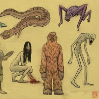 A collage illustration of 10 SoCal monsters against a yellowish background