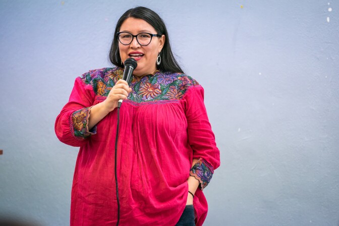 Yasnaya Aguilar Gil wears a pink blouse and speaks on the microphone