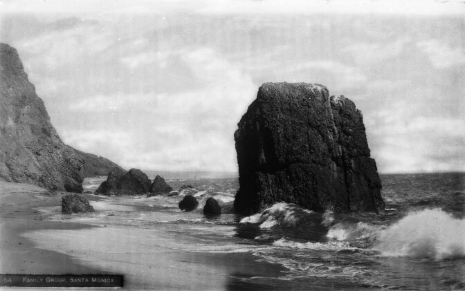 Haystack Rock and the Family Group, located on the beach beneath Castle Rock. Courtesy of the Title Insurance and Trust, and C.C. Pierce Photography Collection, USC Libraries.