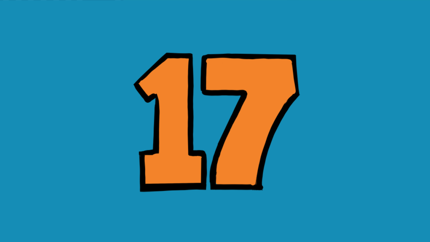 The number 17 in orange over a blue background